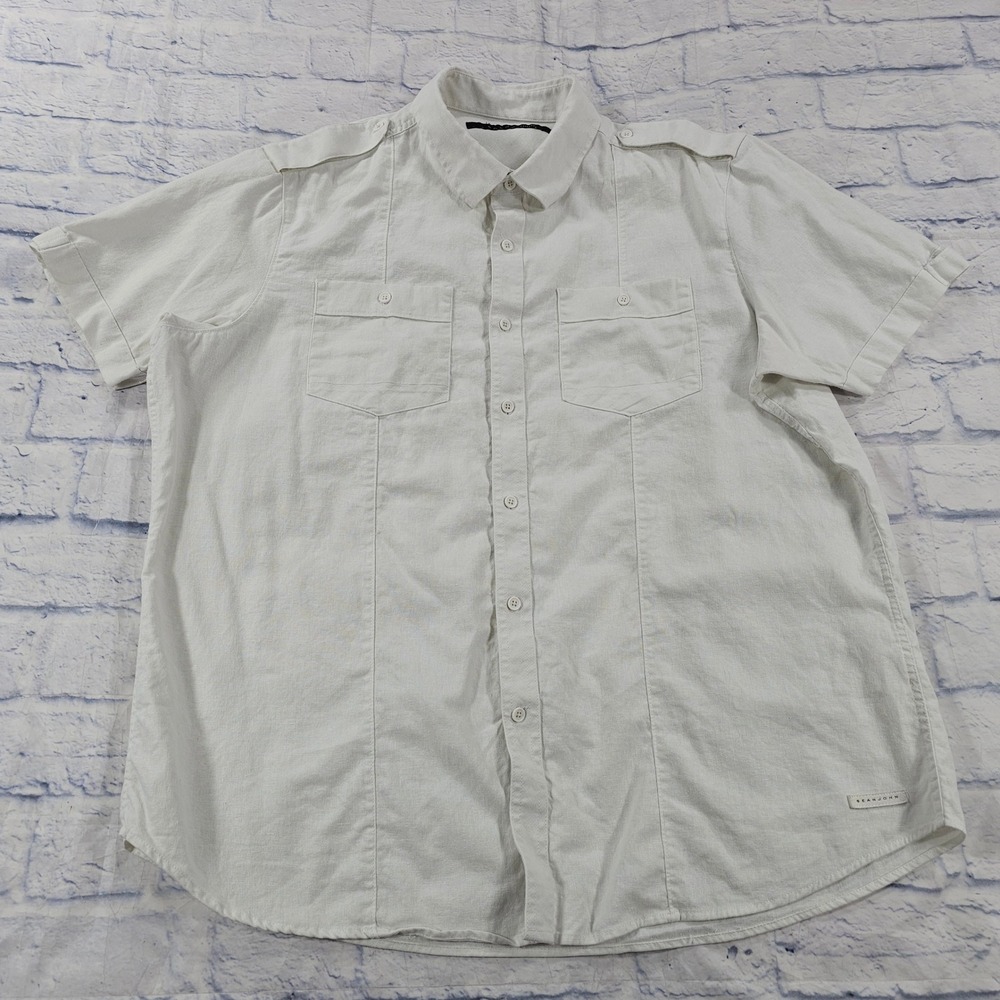 Sean John Button Down Shirt Mens 2XL Ivory Linen Blend Short Sleeve Utility Y2K